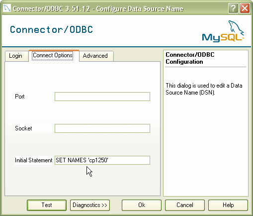 Picture of MyODBC connection configuration.